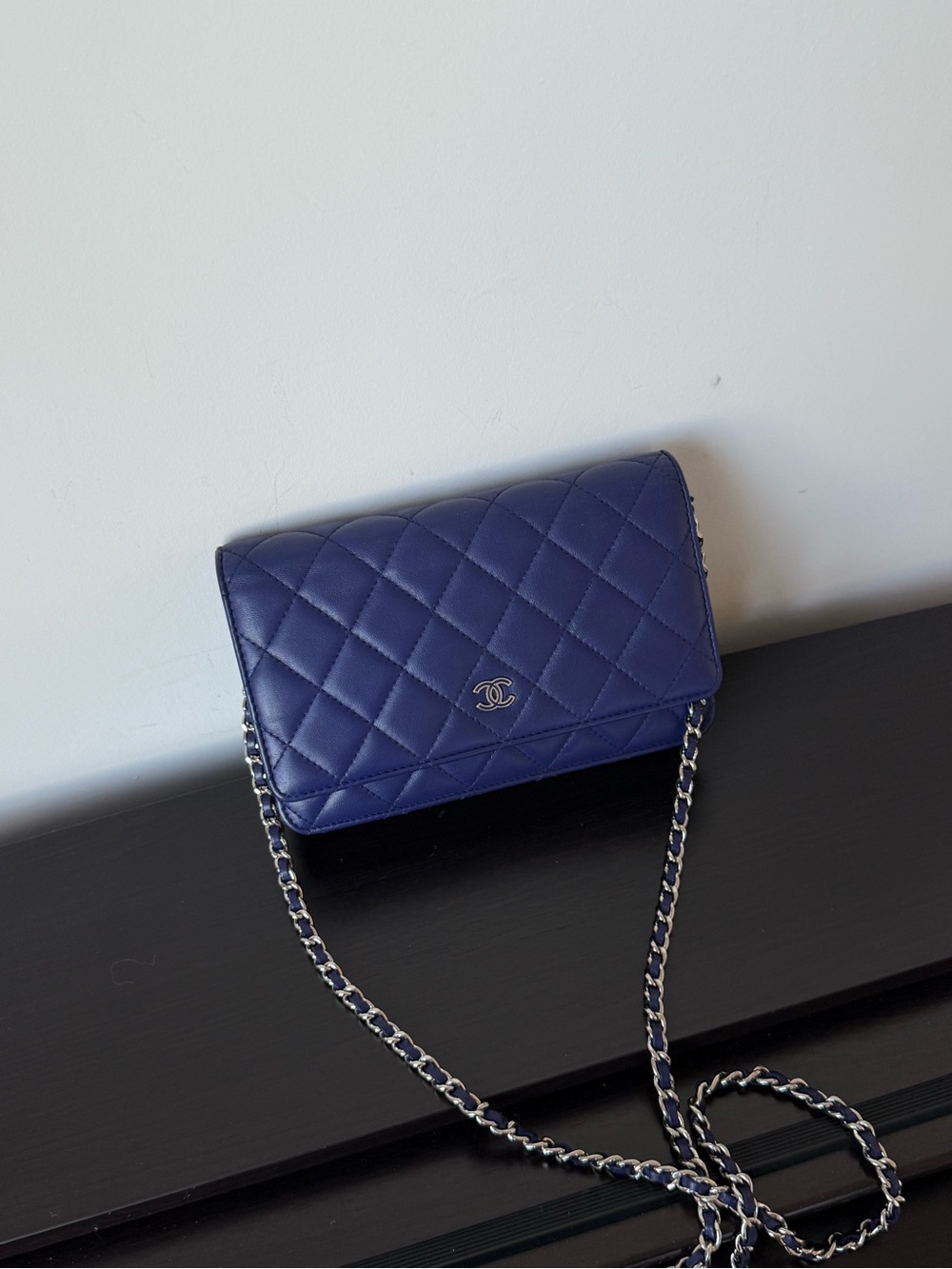 CHANEL Navy Blue Lambskin Wallet on Chain WOC SHW